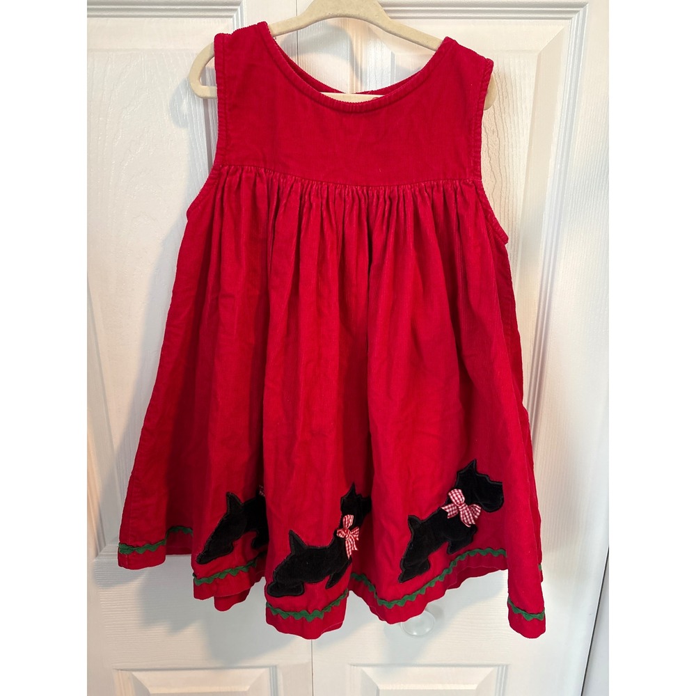 Red Corduroy Scottie Dog Applique Jumper Dress Kids Size 5 Holiday Christmas